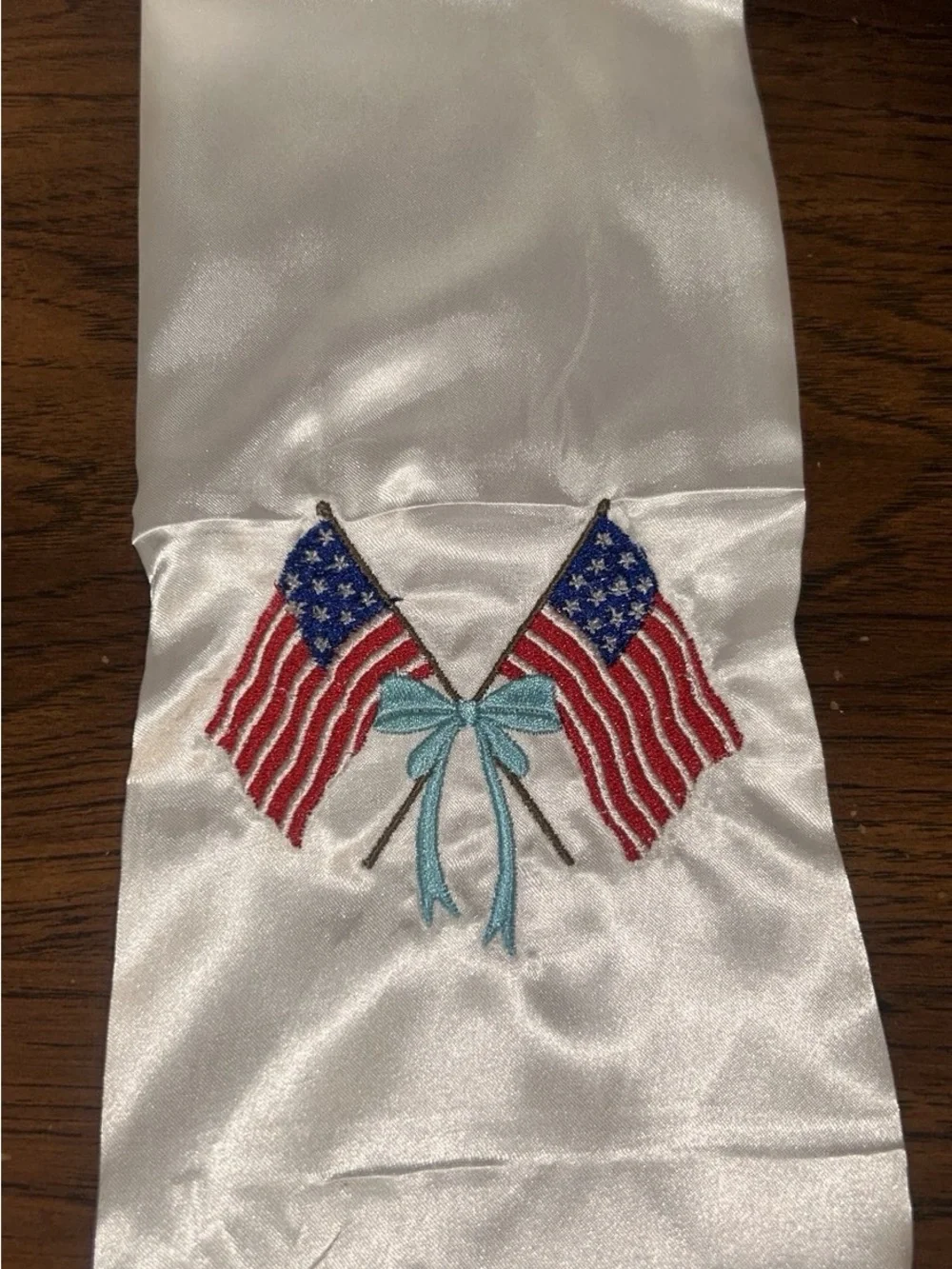 White Satin Scarf with Embroidered American Flags